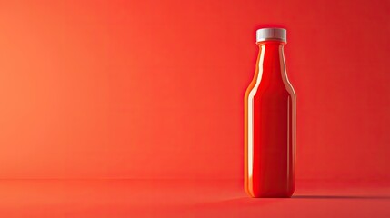 Red Ketchup Bottle: A classic glass bottle of ketchup stands tall against a vibrant red backdrop, ready to add a burst of flavor to any meal. Minimalist and impactful.