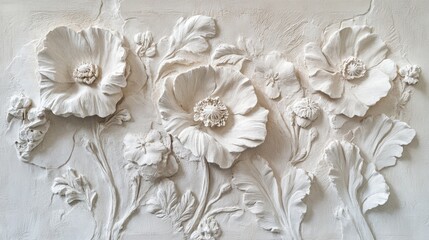 Plaster texture featuring poppy flowers showcasing intricate stucco reliefs with floral motifs in a classical design