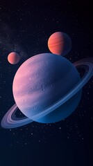 Colorful planetary scene featuring rings and distant celestial bodies.