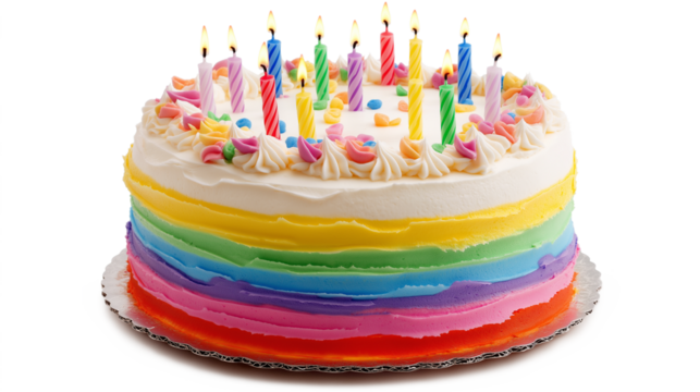 colorful birthday cake with candles isolated on a transparent background