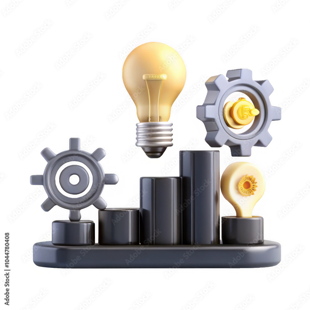 Poster a 3d render showing light bulbs and gears on a base, representing innovation and industry. the desig