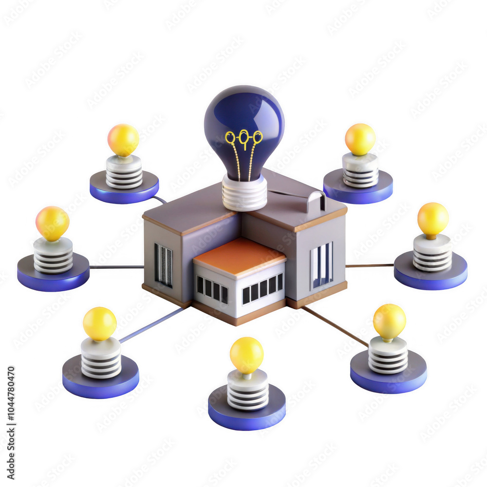 Poster a modern 3d render depicting a building with a light bulb on top, surrounded by icons representing i