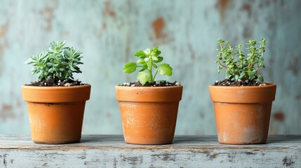 Three small pots with plants growing in them