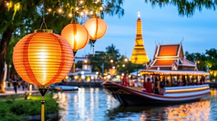 Fototapeta premium A boat is floating on the water with a lantern hanging from it