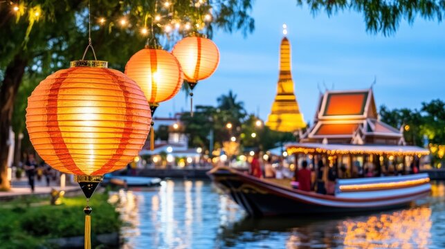 A boat is floating on the water with a lantern hanging from it