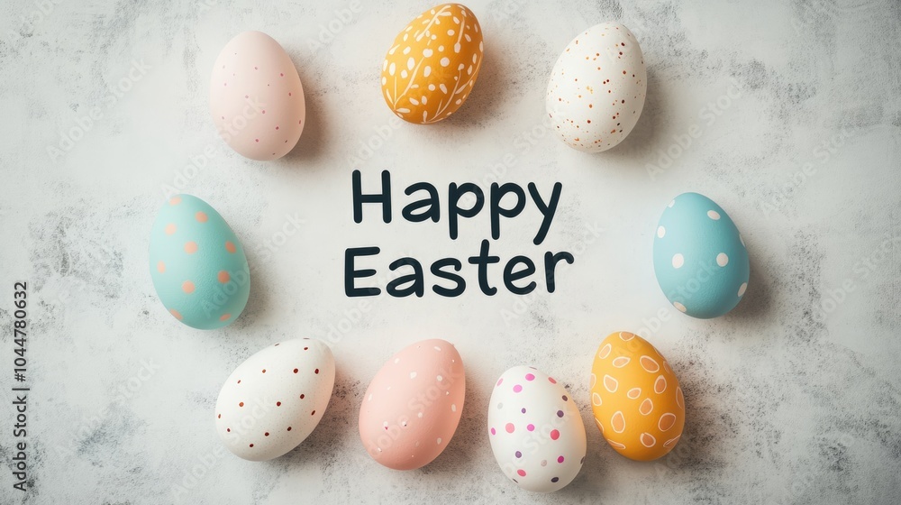 Poster A cheerful Happy Easter message featuring pastel colored eggs on a soft background arranged in a flat lay with ample copy space