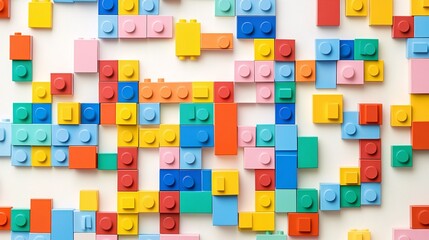 2410 49.A vibrant wall of building blocks in various colors and shapes set against a white background, forming an abstract pattern that conveys the concept of learning through play and creative