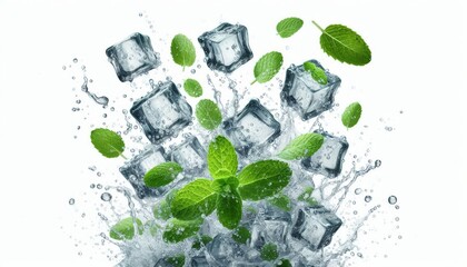 Fresh Mint Leaves and Ice Cubes Splashing in Water
