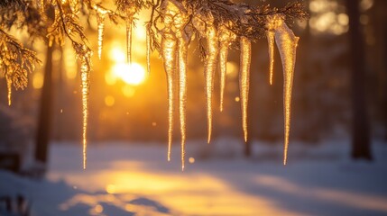 Icicles hang from a tree branch during sunset illuminating a snowy landscape with golden sunlight A frozen nature scene highlighting delicate ice formations and the contrast of warmth and cold