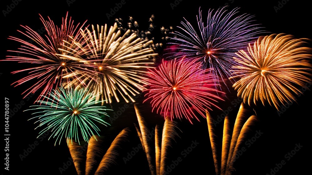 Poster a fireworks display with five different colored fireworks
