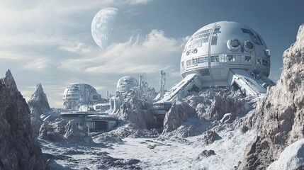 Obraz premium Futuristic Cityscape on a Distant Planet with a Large Moon