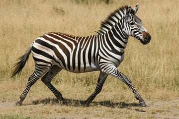Naklejka premium A Majestic Zebra Running Gracefully Through a Golden Grassy Landscape Under a Bright Clear Sky, Embodying Nature's Wild Beauty and Freedom