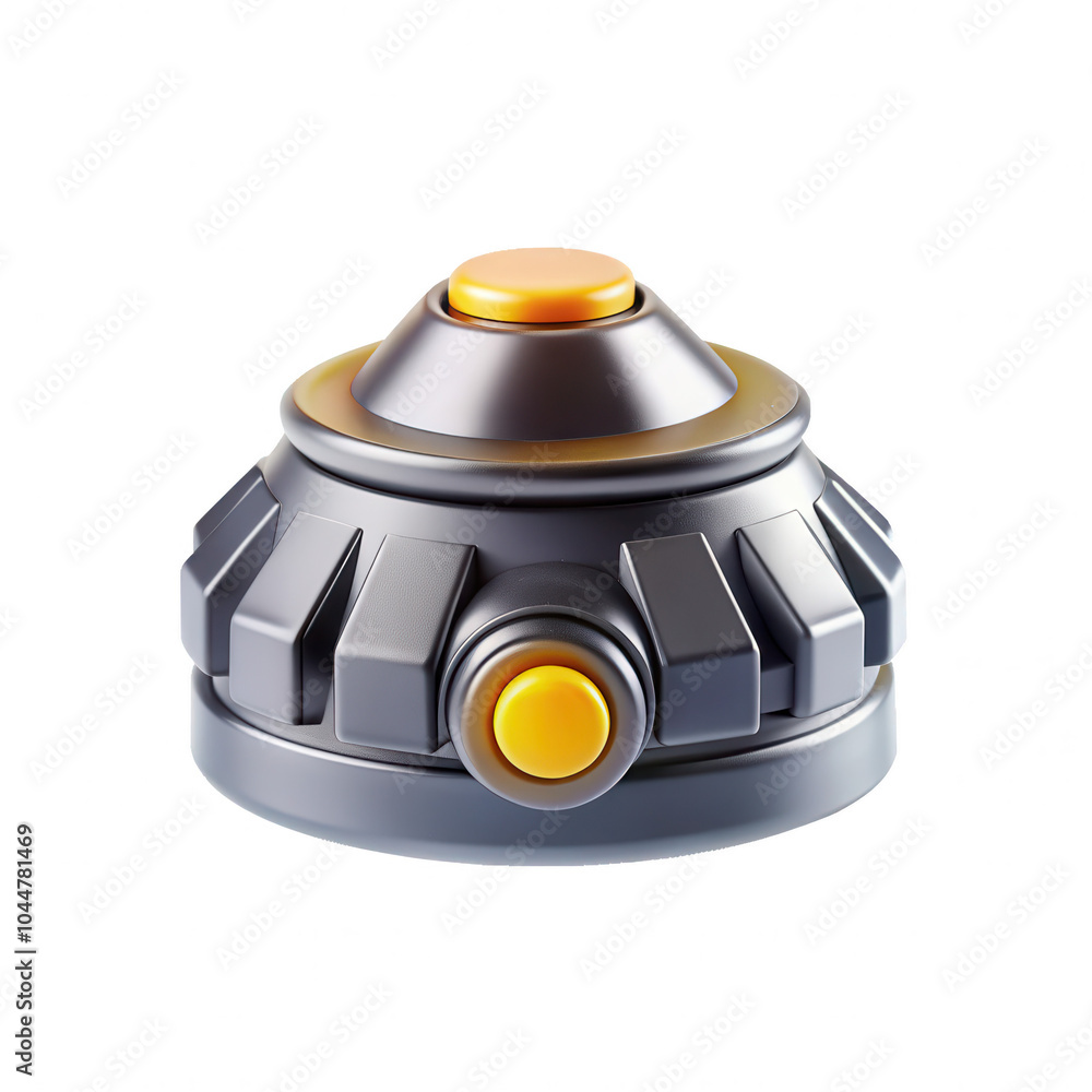 Poster a detailed 3d model showcasing a rounded object with a prominent yellow button and a metallic finish