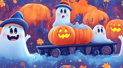 Obraz premium Funny Cartoon Ghosts with Hats Riding Toy Trains