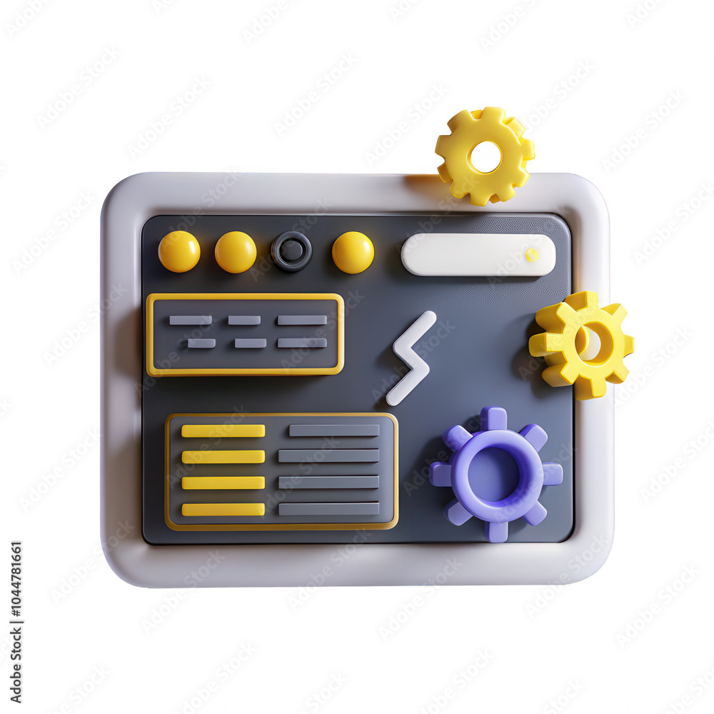 Poster a colorful 3d rendered control panel featuring buttons and gears, showcasing a modern and playful de
