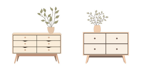 Contemporary ladies' chest of drawers with flowers in a vase. Commode modern. Bedroom interior in a flat style. Furniture for the bedroom and living room. Vector illustration