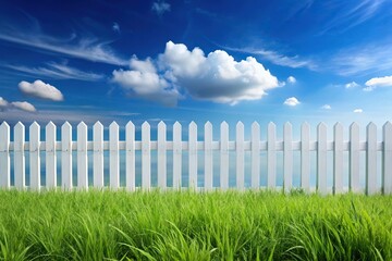 Silhouette of white picket fence and grassland against blue sky background