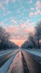 Fototapeta premium A snowy road with trees covered in snow along the sides, an empty asphalt highway, and trees on both sides at sunrise