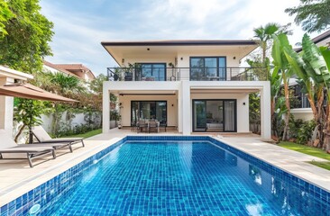 Fototapeta premium Modern house with swimming pool in Phuket, Thailand. A luxurious two-story villa on the island