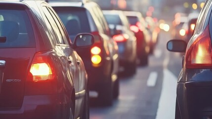 Fototapeta premium Endless Lines of Vehicles in Traffic at Dusk with Glowing Lights Creating a Captivating Urban Scene
