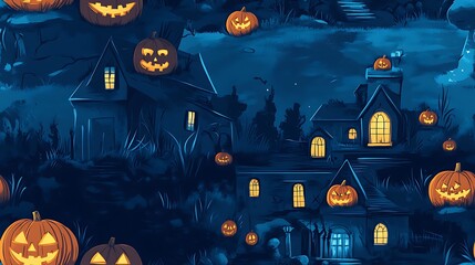 Spooky Cartoon Haunted Mansion with Smiling Pumpkins