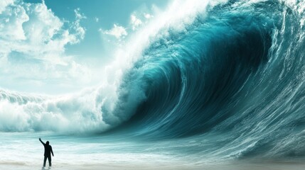 A person stands on a beach, facing a massive, towering wave under a dramatic sky, AI