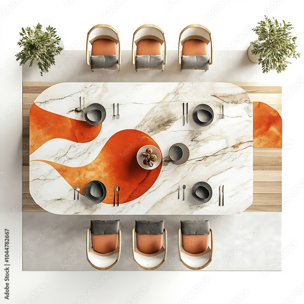 Poster modern dining room with a large art table in a creative layout featuring abstract decorations stylis