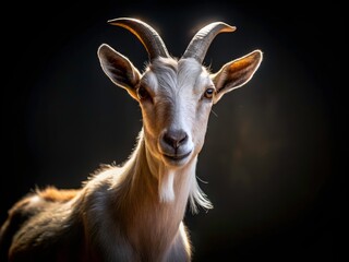 Fototapeta premium Chiaroscuro Goat in Minimalist Photography - Dramatic Light and Shadow Play, Nature's Beauty, Farm Life, Animal Portraits, Artistic Expression, Tranquil Scenes, Black and White Images