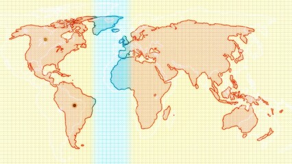 Stylized World Map with Red Outlines and Blue Stripe