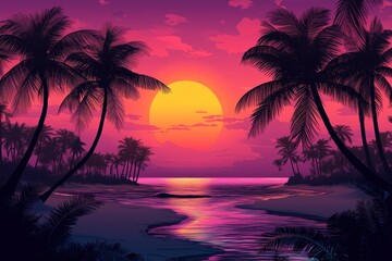 A vector illustration of a purple sunset behind palm tree silhouettes, capturing the essence of a California beachy 