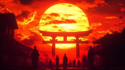 Obraz premium Silhouetted figures under a striking sunset at a traditional torii gate.