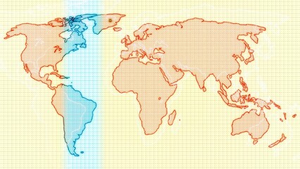 Stylized World Map with Red Outlines and Blue Stripe