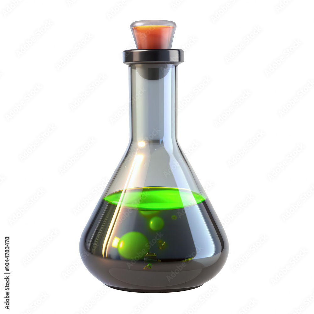 Poster a 3d render of a laboratory flask filled with a green liquid, showcasing bubbles inside. the flask i