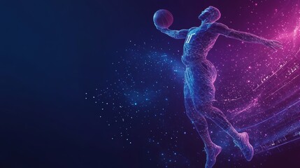 Wireframe basketball player dribbling a ball with glowing lines and pink particles in the background.. Perfect for sports-themed projects or modern designs.
