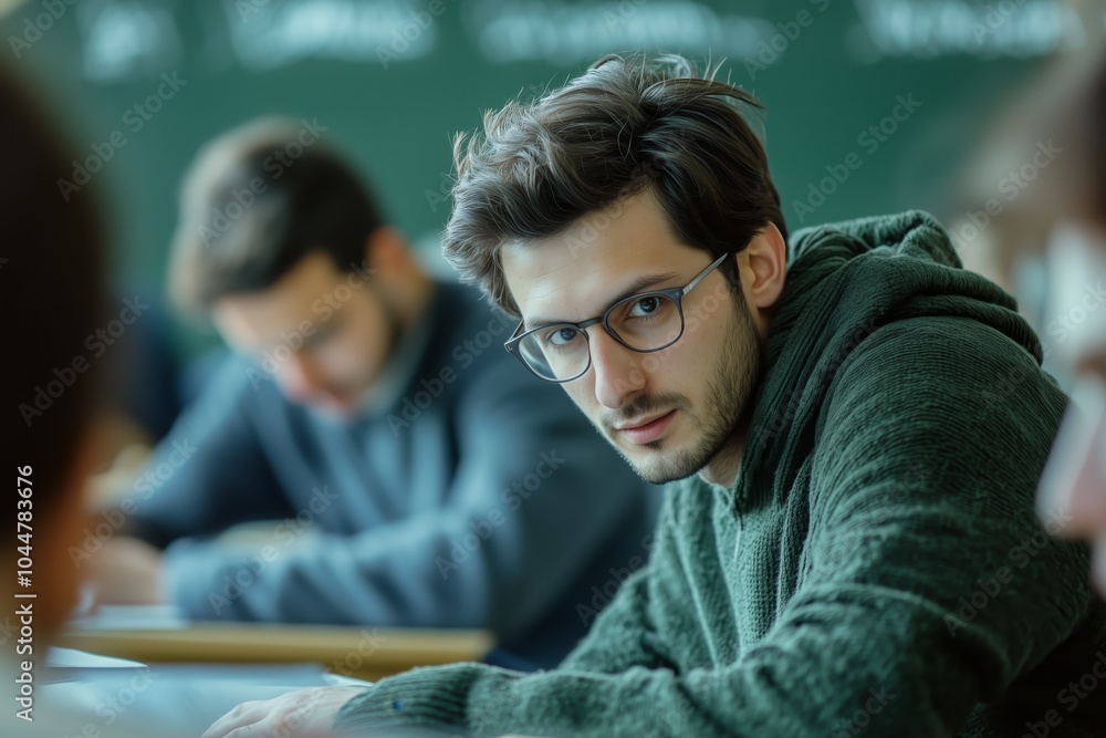 Poster university lecturer engaging with students in a classroom setting