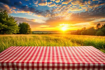 Fototapeta premium Seasonal sunrise or sunset countryside backdrop with lilac blooms on checkered picnic tablecloth high angle