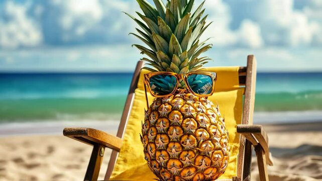 A pineapple wearing sunglasses relaxes in a beach chair by the ocean