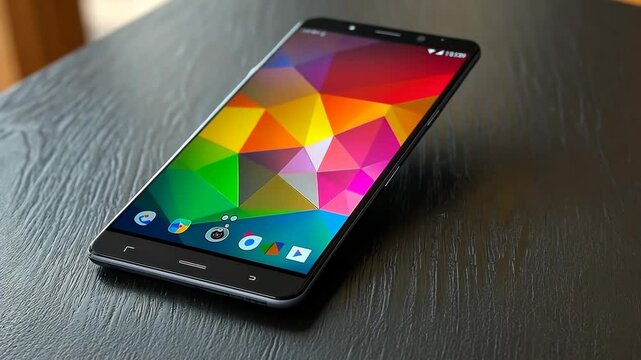 A black smartphone with a colorful geometric wallpaper rests on a wooden table