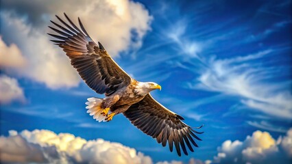 Obraz premium Silhouette of white-tailed eagle flying over blue sky