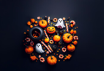 A black background with a cauldron, pumpkins, ghosts, and candy arranged in a circle.