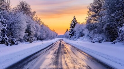 A snowy road with trees covered in snow along the sides, an empty asphalt highway, and trees on both sides at sunrise