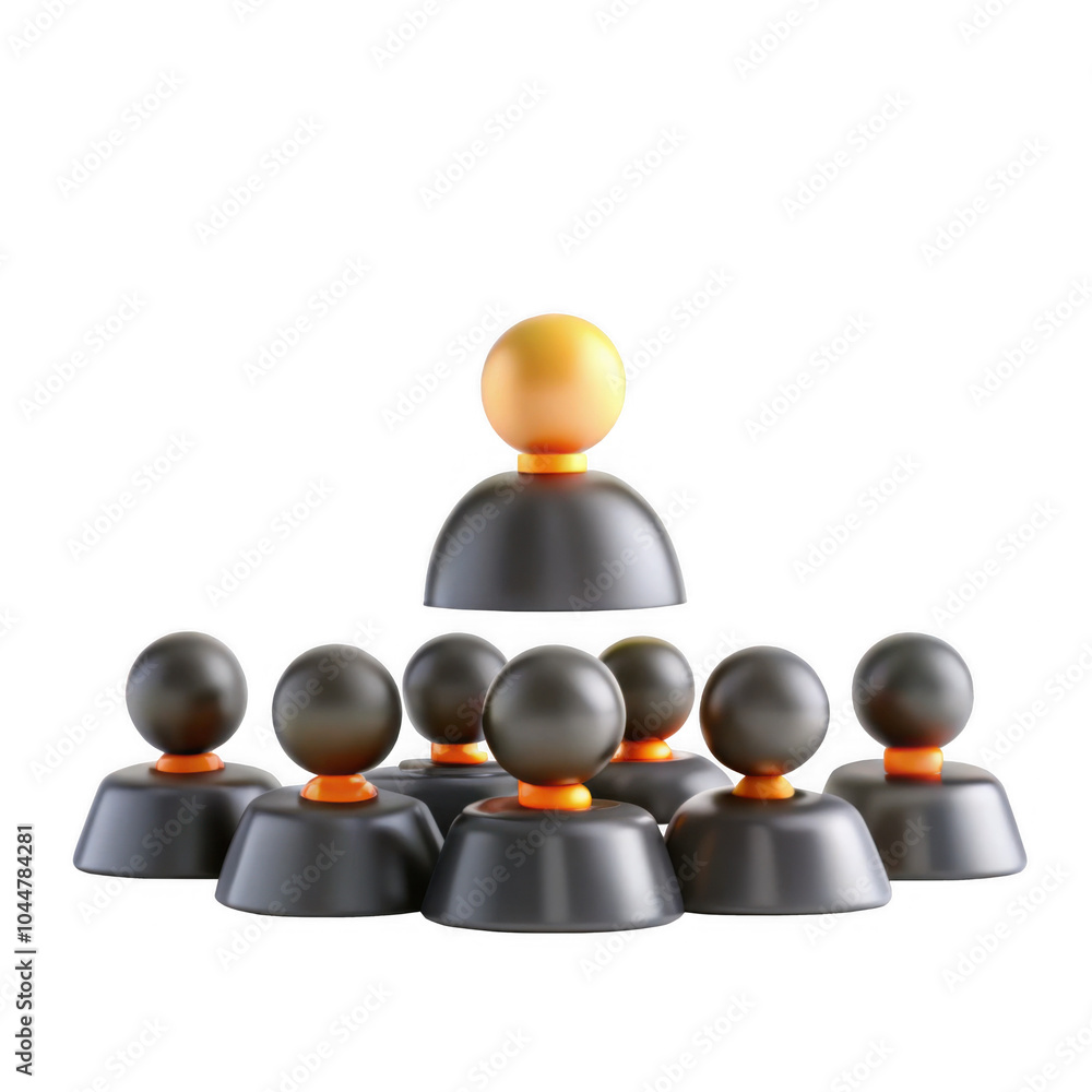 Poster a 3d model representing a hierarchy of figures, showcasing an orange and black theme with a prominen