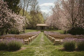 Fototapeta premium A picturesque garden ceremony setup with blooming trees, rustic charm, and fragrant lavender, inviting love and beauty to the special day.
