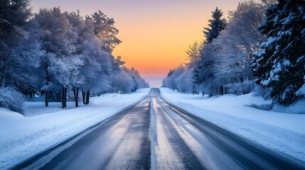 A snowy road with trees covered in snow along the sides, an empty asphalt highway, and trees on both sides at sunrise