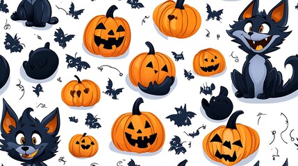 Fototapeta premium Cartoon Werewolves and Black Cats on a Halloween Theme