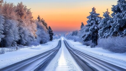 Fototapeta premium A snowy road with trees covered in snow along the sides, an empty asphalt highway, and trees on both sides at sunrise