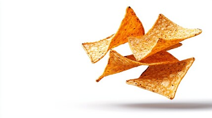 Fototapeta premium Floating tortilla chips in mid-air, golden and sharp, isolated on a white background, with intricate textures and crisp surfaces highlighted