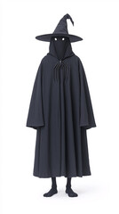 An intriguing portrayal of a cloaked figure wearing a distinctive black hat capturing the essence of mystery and allure in fashion design. The figure's hidden face adds an element of curiosity