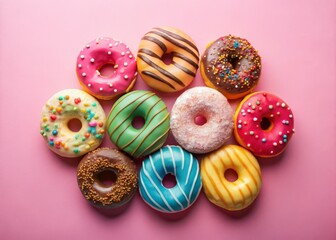Creative Donut Shape Made of Colorful Cut Donut Slices on a Soft Pink Background for Product Photography