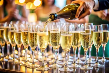 A man is pouring champagne into a row of glasses